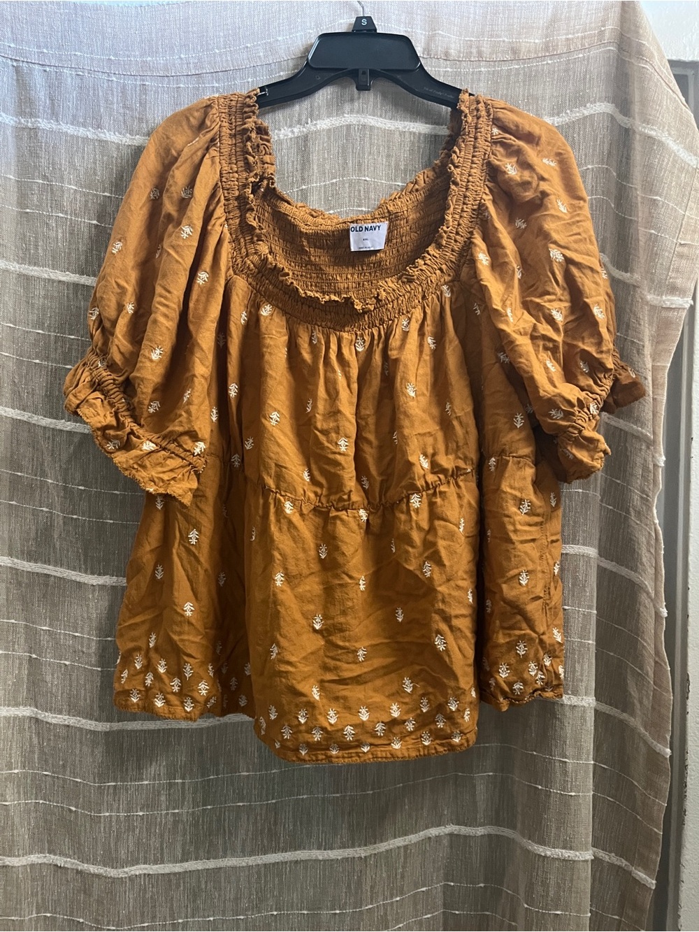 Old Navy Women's Mustard Embroidered Smocked Peasant Top